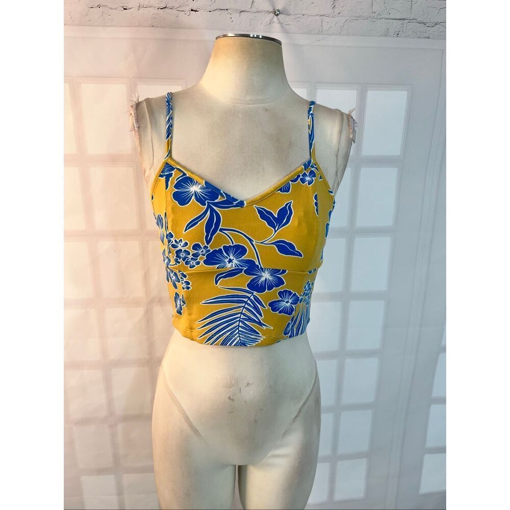 BCBGMaxazria NWT Yellow Blue Floral V-Neck Stretch Sleeveless Crop Top Size XS